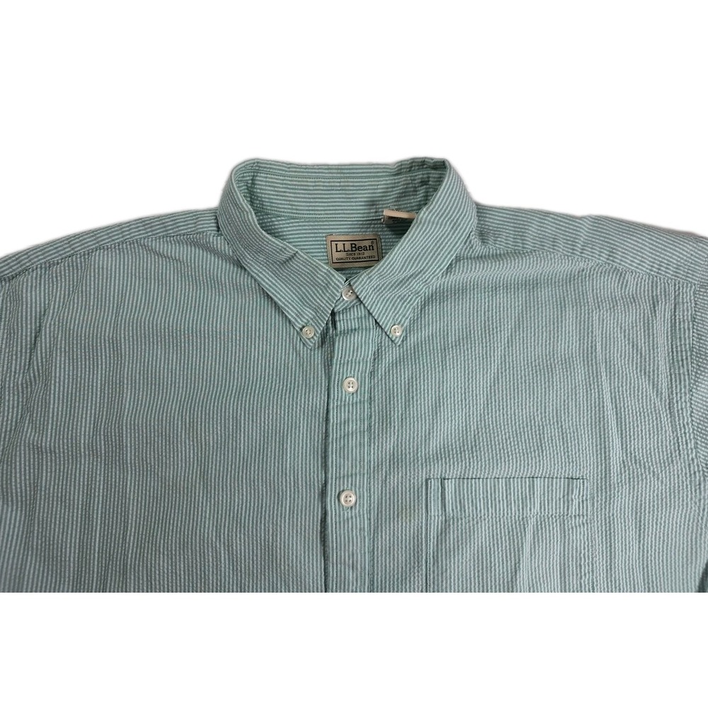 LL Bean Shirt Mens XL White MINT GREEN Stripe Seersucker Button Preppy Oxford